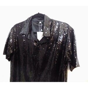 NEW AstoSeu Men Shiny Sequins Short Sleeve Shirt Sparkle Party Holiday Size M